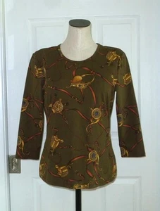J McLaughlin Catalina Cloth Olive Brown Gold Blue Equestrian 3/4 Slv Top L EUC - Picture 1 of 15