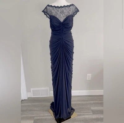 Vestido de noche formal largo acanalado de encaje azul marino talla 6 Tadashi Shoji para mujer nuevo con etiquetas Foto 1 de 4