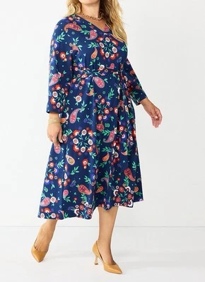 Croft & Barrow 3X Midi Dress Floral Belted Blue Stretch Work Boho V-neck  New - Image 1 of 4