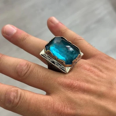 Anillo de plata grande de topacio azul para hombre Foto 1 de 4