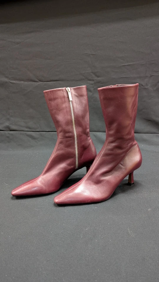 Botas Zara Tacón Cuero Tobillo Gatito Borgoña EE. UU. Talla 6.5 Foto 1 de 4
