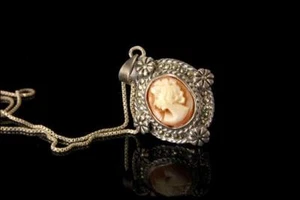 VINTAGE ART DECO CAMEO MARCASITE STERLING PENDANT NECKLACE A81333 - Picture 1 of 3