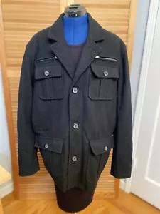 Men's GUESS Military Style Pea Coat Jacket Button Up Black Size L Wool - Picture 1 of 6