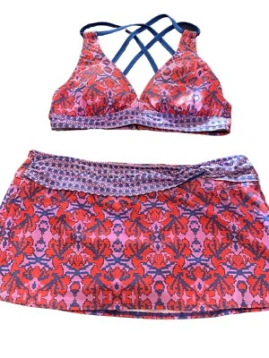 Top de bikini ANTONIO MELANI azul y rojo diseño geométrico talla mediana con falda de bikini Foto 1 de 4