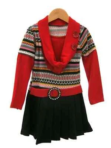 Girls Red Cowl Dress Pleat Skirt Diamante Trim Knitted Aztec Red Size 4 Years - Picture 1 of 7