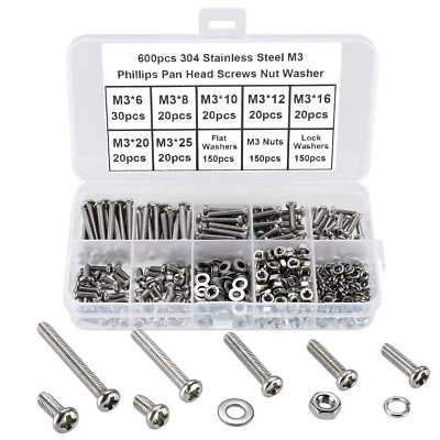Fandway 600Pcs M3 Bolts and Nuts Set,Pan Head Machine Screws DIN 7985,Cross roun