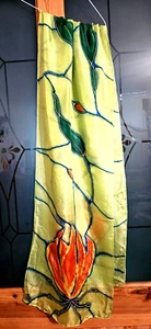 Flame Lily Hand Painted silk neck scarf Fiery red tones with vivid lime green - Picture 1 of 5