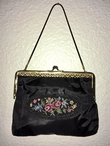 Vintage 50s-60s Black Floral Embroidery Kiss Lock Bag Purse - Picture 1 of 4