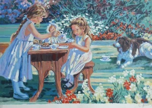 Corinne Hartley Tea for Four girls & dog Hand Embellished hand signed Lithograph - Picture 1 of 4