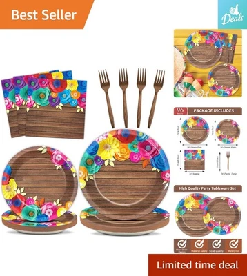 Juego de vajilla de fiesta de cumpleaños floral rústico 96 piezas: servir a 24 invitados deliciosamente Foto 1 de 4