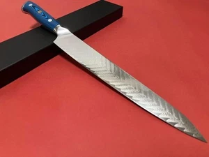 V Gold No.10 Damascus Carving Knife 270mm Blue Micarta Handle Used - Picture 1 of 5