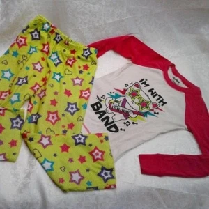 Joe Boxer + Faded Glory Girls Size 7/8 Pajama Top and Bottoms Pink Green Stars - Picture 1 of 12