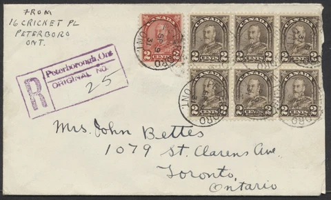 1931 Registered Cover Peterborough ONT to Toronto #166 2c Arch Block of 6 + #165 Cover