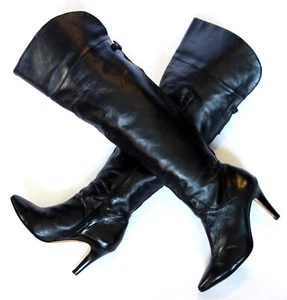 Vtg ROS HOMMERSON tall black leather Over The Knee OTK BOOTS womens 8 WIDE CALF - Picture 1 of 9