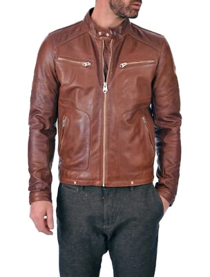 New Men's Genuine Lambskin Leather Biker Jacket Slim Fit Motorcycle Brown Jacket - Image 1 of 4