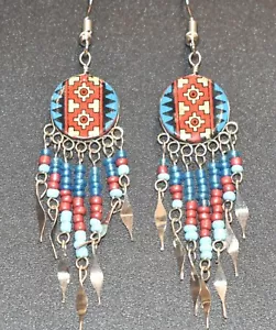 Southwest Design Dangle Earrings Round Shape with Beads in Red, Blue and Gold - Picture 1 of 1