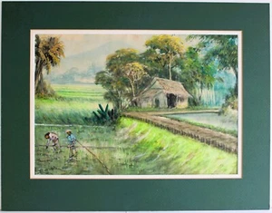 VINTAGE MIXED MEDIA WATERCOLOR PAPER SIGNED ASIAN RURAL VILLAGE SCENE RICE FIELD - Picture 1 of 13