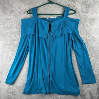 Blusa Soft Surroundings manga longa ombro frio tamanho PL com zíper azul-petróleo - Imagem 1 de 4