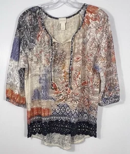 CHICOS Womens 1 M Bonnie Artisan Patch Print Tunic Top Crochet Hem Boho Artsy - Picture 1 of 16