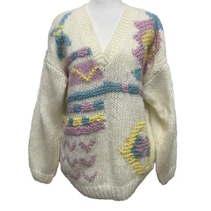 Vintage 80s Jordache Abstract Loose Knit Sweater Sz L Ivory Pastel 1980s - Picture 1 of 9