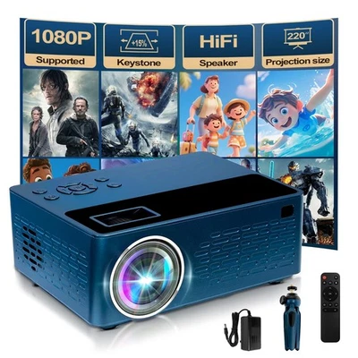 Портативный мини-проектор 1080P со стереодинамиком и подставкой - совместим с 4K, USB/ - Изображение 1 из 4