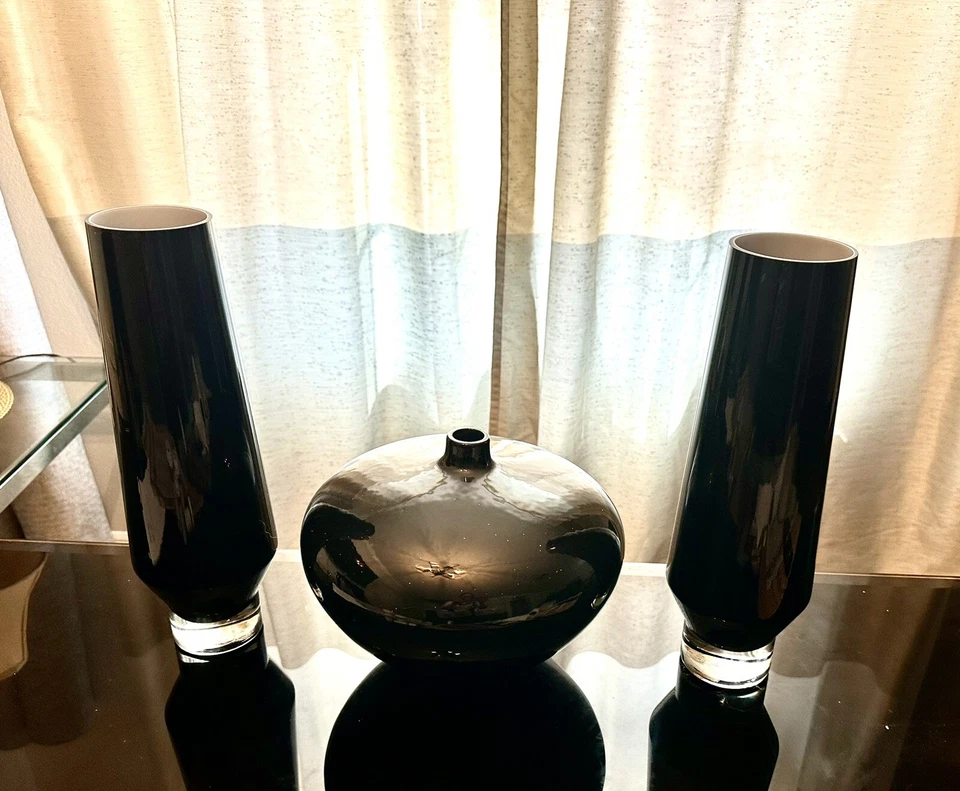 Black Glass Vase Tall Cylinder Glassware Set Of 2- 15” And 1 Round (3pcs) Decor - Image 1 of 4