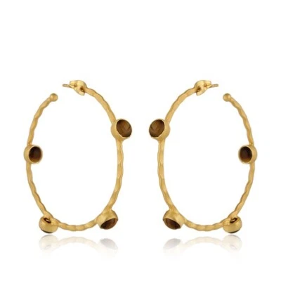 Natural Cabushion Tiger Eye Hammered Thin Hoop Earrings (56X7 mm) For Mother Mom - Image 1 of 4