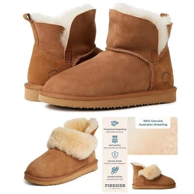FIRESIDE Boots Womens 10 Suede PERTH Foldover Sheepskin Real Fur Shoes - Image 1 of 4