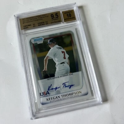 Beckett 9.5 2011 Keegan Thompson Bowman-Auto-signed- RC Chrome Blue Refractor - Image 1 of 3