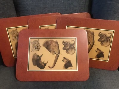 Set of 4 African Animal Hard Placemats Signed D. Kinyua 2009 Non-slip Backing - Image 1 of 4