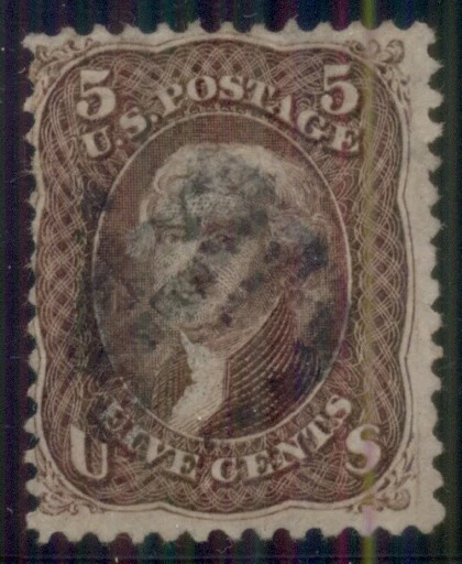 US #95 5¢ brown, "F" Grill, used, faults, Weiss certificate, scarce Scott $850.0 - Image 1 of 1
