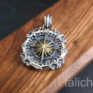 Thick Solid 925 Sterling Silver Round Pendant Double Sided Compass Star & Anchor