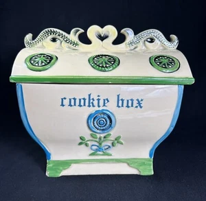 McCoy Pottery USA Cookie Box Treasure Chest Cookie Jar 1960's Green Blue - Picture 1 of 21