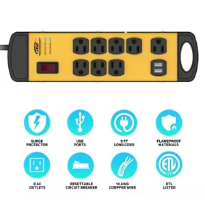8 Steckdosen Überspannungsschutz Netzstecker mit 2 USB-Steckdosen, 9 Fuß 14 AWG Netzkabel - Bild 1 von 5