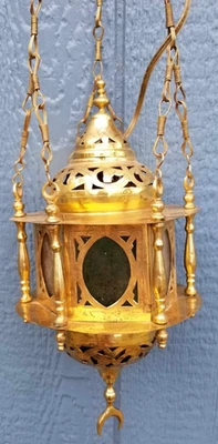 Vntg Brass Moroccan Moorish Islamic Hanging Lamp Color Glass Lantern 31" Ramadan - Image 1 of 4