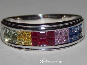 14K WHITE GOLD 2.00 TCW MULTI COLOR SAPPHIRE CHANNEL SET HALF ETERNITY BAND RING - Picture 1 of 9