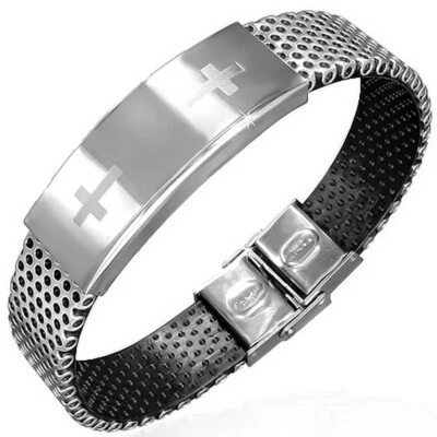 Pulsera religiosa doble cruz interior de goma negra de acero inoxidable Foto 1 de 2