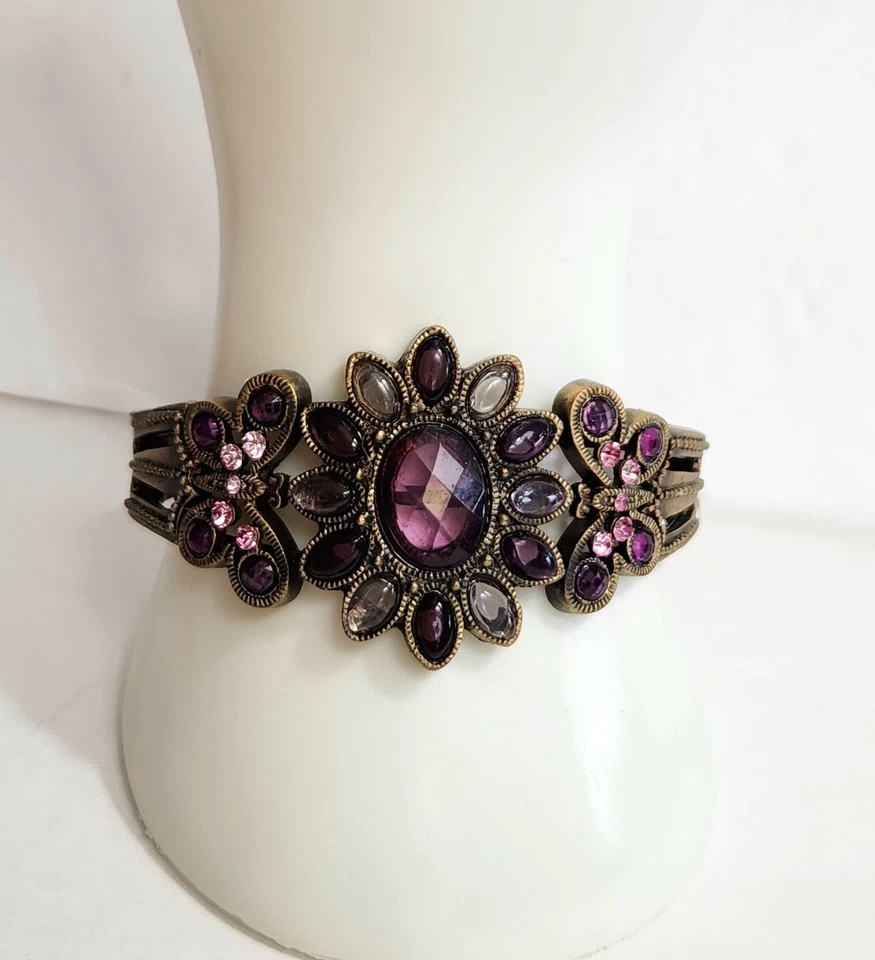 复古风格袖口手链紫色花卉图案带粉红色宝石金色阅读 — 第 1/4 张图片