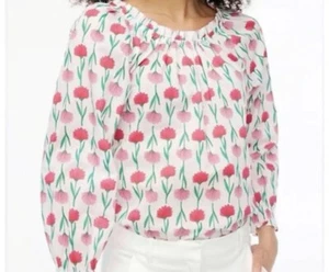 J.Crew Tie Back Ruffle Neck Top Womens Size XL Pink Floral Long Sleeve Cotton - Picture 1 of 6