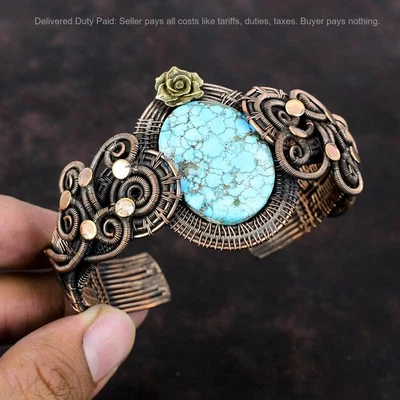 Oferta de Navidad Cobre Ovalado Turquesa Tibetana Piedra Esposa Alambre Envuelto Flor Brazalete Foto 1 de 4