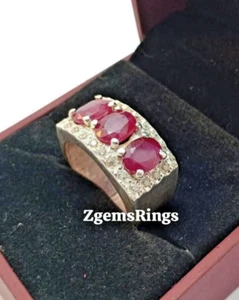 Natural African Ruby Mens Threestone Sterling Silver 925 Ring Yaqoot Man Ring - Picture 1 of 5