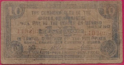 PHILIPPINES (GUERRILLA) 10 CENTAVOS 1942 TAGBILARAN,BOHOL ISSUED BY THE BOHOL EM - Image 1 of 2