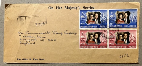 1973 ST. CHRISTOPHER NEVIS ANGUILLA COVER TO ENGLAND 25TH WEDDING ELIZABETH II Cover