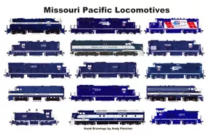 Mantel individual laminado para ferrocarril Missouri Pacific Locomotives 11"x17" Andy Fletcher - Imagen 1 de 1