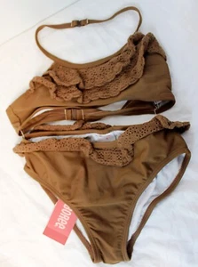 2007 Gymboree Tropical Chic Brown 2pc Swimsuit Swim Bikini sz 6 Lace Trim Top - Picture 1 of 8