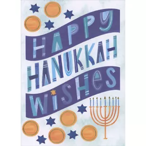 Happy Hanukkah Wishes Blue Stars Gold Accented Coins Menorah 8 Hanukkah Cards - Picture 1 of 2