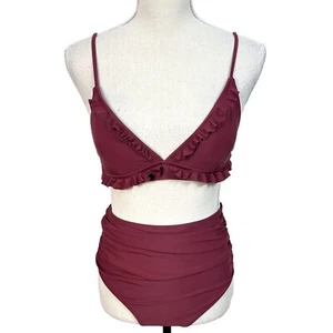 Cupshe Burgundy Ruffle Hi Rise Bikini Swimsuit Size M Retro Pin Up  - Picture 1 of 14