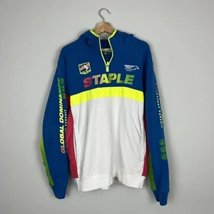 STAPLE PIGEON Hoodie Mens LARGE Neon White Blue Sweatshirt Streetwear 1/4 Zip - Picture 1 of 7