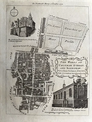 1772 Антикварная гравюра; Coleman St & Bassishaw Wards London из Лондона Нортука - Изображение 1 из 2