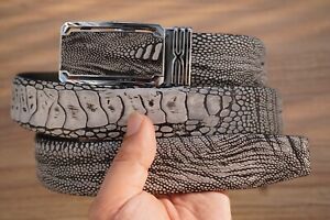 Gray Genuine Ostrich Leg Leather Skin Men's Belt Automatic Buckle -W 1.3"
